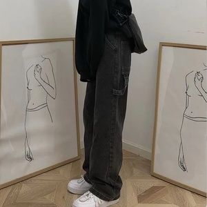 YesStyle INStudio High-Waist Plain Wide-Leg Charcoal Black Jeans Size Small